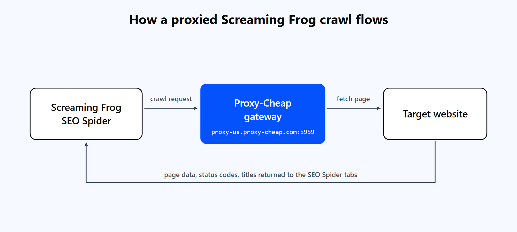A Screaming Frog crawl request routing through the Proxy-Cheap gateway to a target website and returning page data, status codes, and titles back into the SEO Spider tabs.