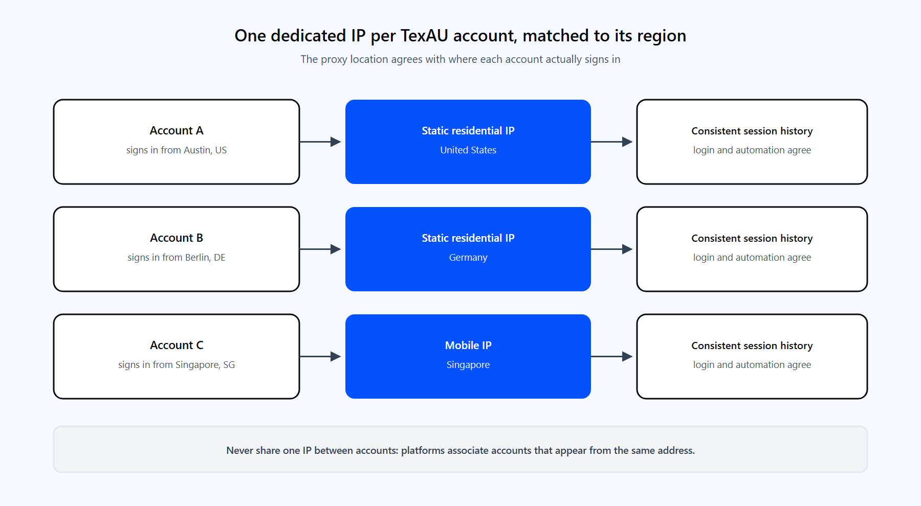 Diagram showing three TexAU accounts each assigned a dedicated proxy IP matched to its login region.