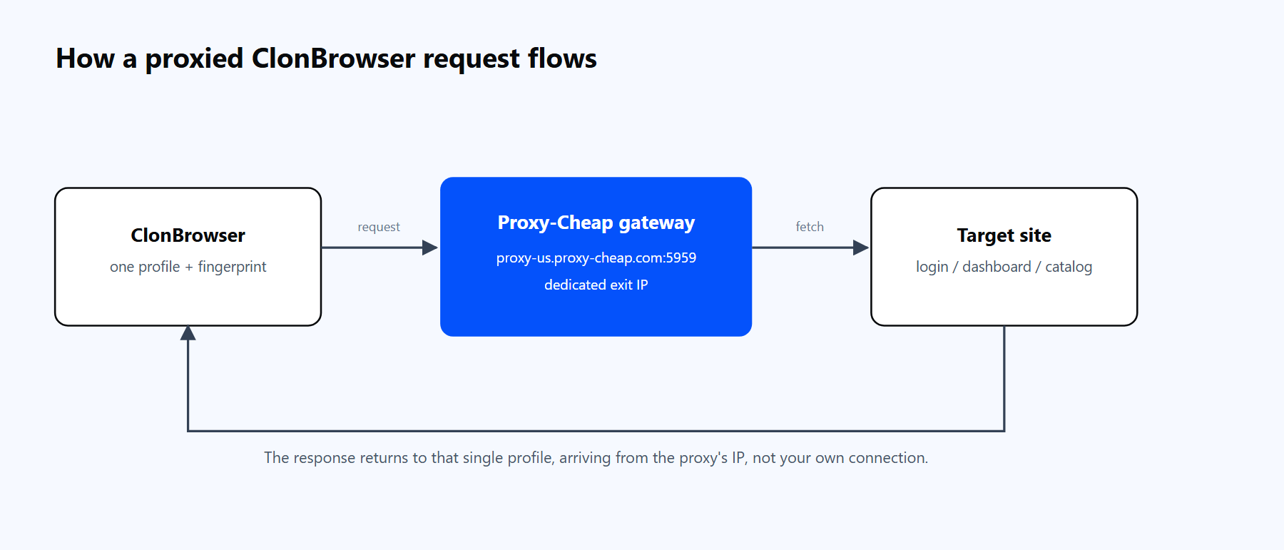 Diagram of a ClonBrowser environment routing a request through the Proxy-Cheap gateway to a target site and back, showing the host, port, and credential fields.