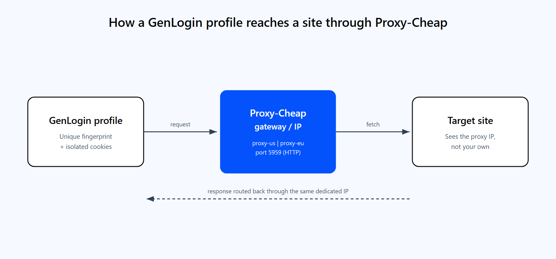A GenLogin profile routing its traffic through the Proxy-Cheap gateway to a target site and back, with the dedicated IP bound to that single profile.