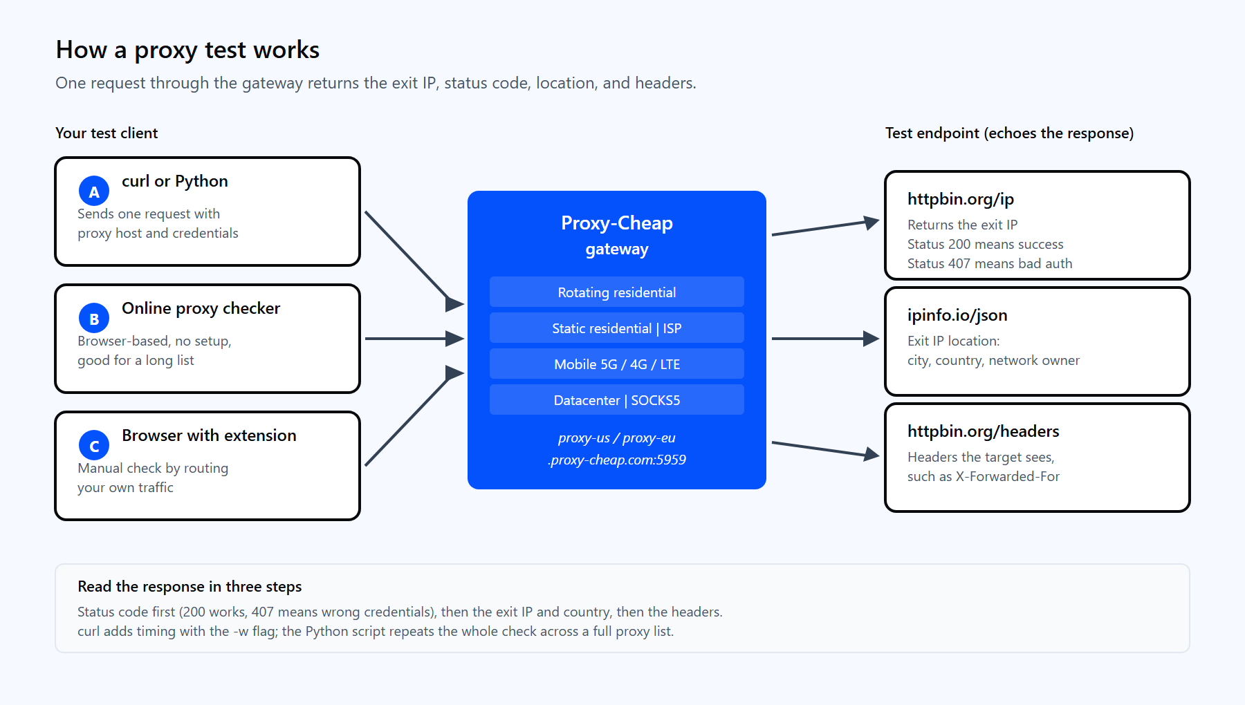 Diagram of a proxy test request flowing from your terminal through the Proxy-Cheap gateway to a test endpoint and back, returning the exit IP, status code, and response time.