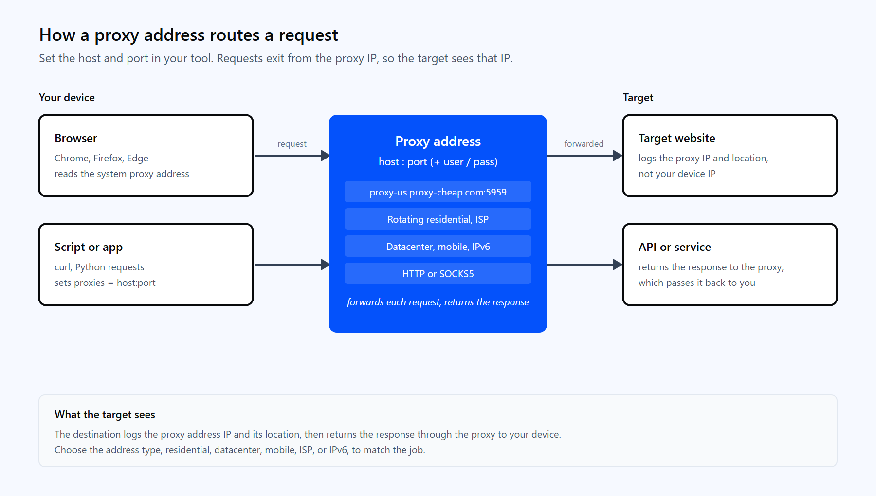 A request flows from your device through the proxy address to the target site and back, so the site logs the proxy IP.